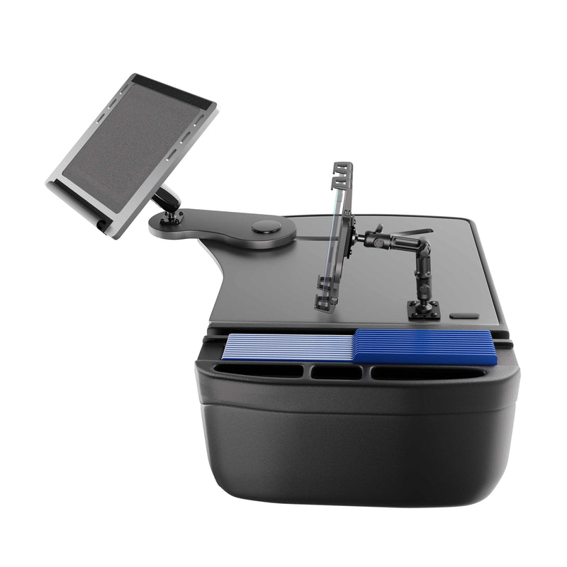 The AutoExec Reach Front Seat Car Desk with Slim-Grip® Ultra Pro Multi-Angle Mount by Arkon Mounts features a black desktop organizer with compartments, an adjustable tablet holder ideal for creating a mobile workstation, and two extendable arms, with blue file folders conveniently stored in the front section.