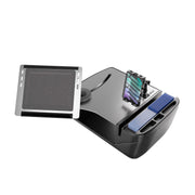 An AutoExec Reach Front Seat Car Desk by Arkon Mounts, featuring a black finish with a Slim-Grip® Ultra Pro Multi-Angle Mount for tablets, ink bottle rack, cup holders, and organized compartments, is displayed from a slightly elevated angle against a white background.
