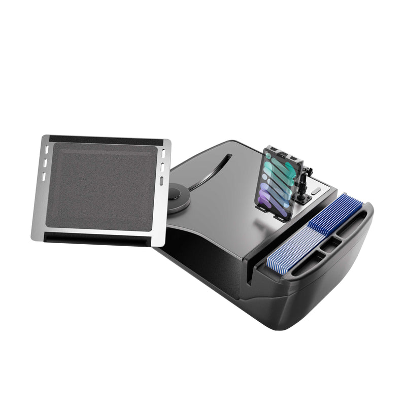 An AutoExec Reach Front Seat Car Desk by Arkon Mounts, featuring a black finish with a Slim-Grip® Ultra Pro Multi-Angle Mount for tablets, ink bottle rack, cup holders, and organized compartments, is displayed from a slightly elevated angle against a white background.