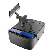 The AutoExec Reach Front Seat Car Desk with Slim-Grip® Ultra Pro Multi-Angle Mount by Arkon Mounts is a black mobile workstation featuring an adjustable screen arm that also functions as a tablet holder, blue file folders neatly stored in a compartment, and multiple organizational slots—making it the perfect organizer and car desk for office or vehicle use.