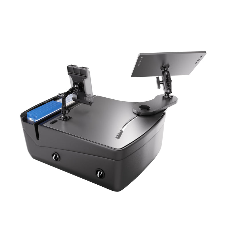 Introducing the AutoExec Reach Front Seat Car Desk with Slim-Grip® Ultra Pro Multi-Angle Mount by Arkon Mounts—a modern mobile workstation featuring a sleek black electronic device holder, integrated tablet and smartphone holders, and a distinctive blue rectangular section. All components are mounted on a stylish curved base, designed for use in your vehicle’s front seat, shown isolated on a white background.