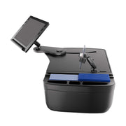 The AutoExec Reach Front Seat Car Desk with RoadVise® Ultra Pro Drill-Base Mount is a versatile car desk in black and blue, featuring an adjustable arm with a secure device mount, spacious compartments for organizing your essentials, and a convenient phone holder that keeps your device easily accessible while you work or travel.