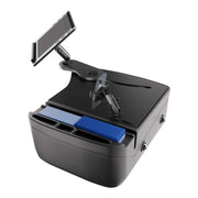 The AutoExec Reach Front Seat Car Desk with RoadVise® Ultra Pro Drill-Base Mount functions as a versatile mobile workstation, equipped with an integrated device mount for your phone or tablet, a document clip, various compartments to organize office supplies, and space for storing file folders.