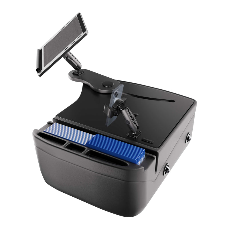 The AutoExec Reach Front Seat Car Desk with RoadVise® Ultra Pro Drill-Base Mount functions as a versatile mobile workstation, equipped with an integrated device mount for your phone or tablet, a document clip, various compartments to organize office supplies, and space for storing file folders.