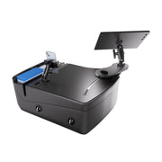 The AutoExec Reach Front Seat Car Desk with RoadVise® Ultra Pro Drill-Base Mount—a black and blue rectangular electronic device featuring a screen, two ports, a card slot, and adjustable mounts on top—serves as the ideal car desk or mobile workstation, shown set against a white background.