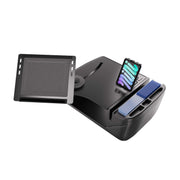 Introducing the AutoExec Reach Front Seat Car Desk with Slim-Grip® Ultra Pro Drill-Base Mount by Arkon Mounts—a black multifunctional car organizer designed for convenience on the go. This versatile mobile workspace features a tablet holder, a phone stand equipped with a smartphone, dedicated card slots, and a sliding tray—perfect for transforming your vehicle into an efficient car desk whenever you need it.