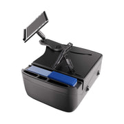 The AutoExec Reach Front Seat Car Desk with Slim-Grip® Ultra Pro Drill-Base Mount by Arkon Mounts is a sleek black tabletop solution featuring adjustable arms for securely holding tablets, along with blue file dividers in the front compartment—an ideal setup for maintaining an organized and mobile workspace.