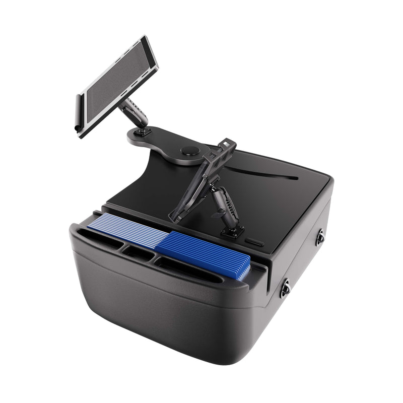The AutoExec Reach Front Seat Car Desk with Slim-Grip® Ultra Pro Drill-Base Mount by Arkon Mounts is a sleek black tabletop solution featuring adjustable arms for securely holding tablets, along with blue file dividers in the front compartment—an ideal setup for maintaining an organized and mobile workspace.
