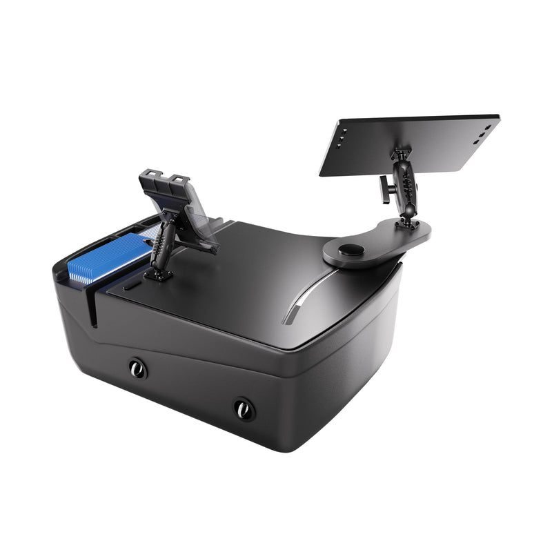 The AutoExec Reach Front Seat Car Desk with Slim-Grip® Ultra Pro Drill-Base Mount by Arkon Mounts is a black electronic device featuring two adjustable mounts, a distinctive blue component on one side, and multiple front-facing ports—ideal as a car desk or tablet holder—shown photographed against a white background.