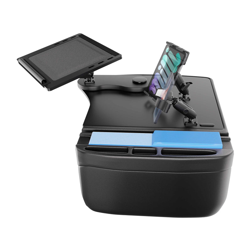 Introducing the AutoExec Reach Front Seat Car Desk with Slim-Grip® Ultra Pro and RoadVise® Ultra Pro Drill-Base Mount—a portable black car desk designed for use inside vehicles. This mobile workstation features an elevated writing surface, a secure phone holder, built-in compartments for organization, blue index cards, and a convenient tablet holder to keep your devices safe while you work on the go.