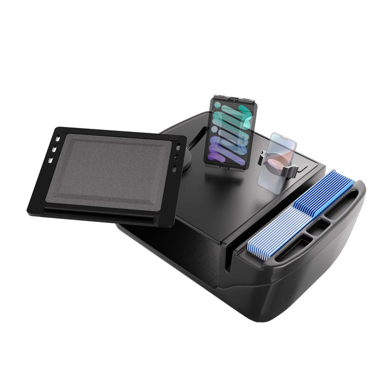 The AutoExec Reach Front Seat Car Desk with Slim-Grip® Ultra Pro and RoadVise® Ultra Pro Drill-Base Mount functions as a versatile mobile workstation, neatly organizing and displaying items such as a tablet, smartphone, makeup products, and blue-striped cards within its multiple compartments.