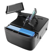 The AutoExec Reach Front Seat Car Desk with Slim-Grip® Ultra Pro and RoadVise® Ultra Pro Drill-Base Mount transforms any surface into a versatile mobile workstation, featuring a sleek black tabletop desk, blue and white accents, a transparent card holder for easy organization, and an integrated device mount that securely holds your tablet for convenience on the go.
