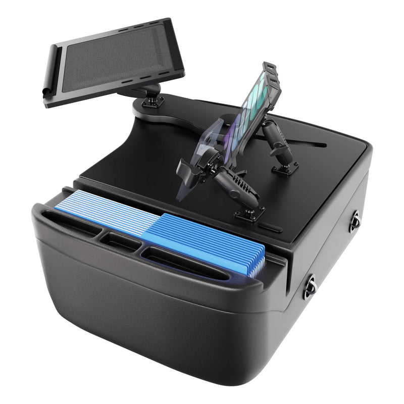 The AutoExec Reach Front Seat Car Desk with Slim-Grip® Ultra Pro and RoadVise® Ultra Pro Drill-Base Mount transforms any surface into a versatile mobile workstation, featuring a sleek black tabletop desk, blue and white accents, a transparent card holder for easy organization, and an integrated device mount that securely holds your tablet for convenience on the go.