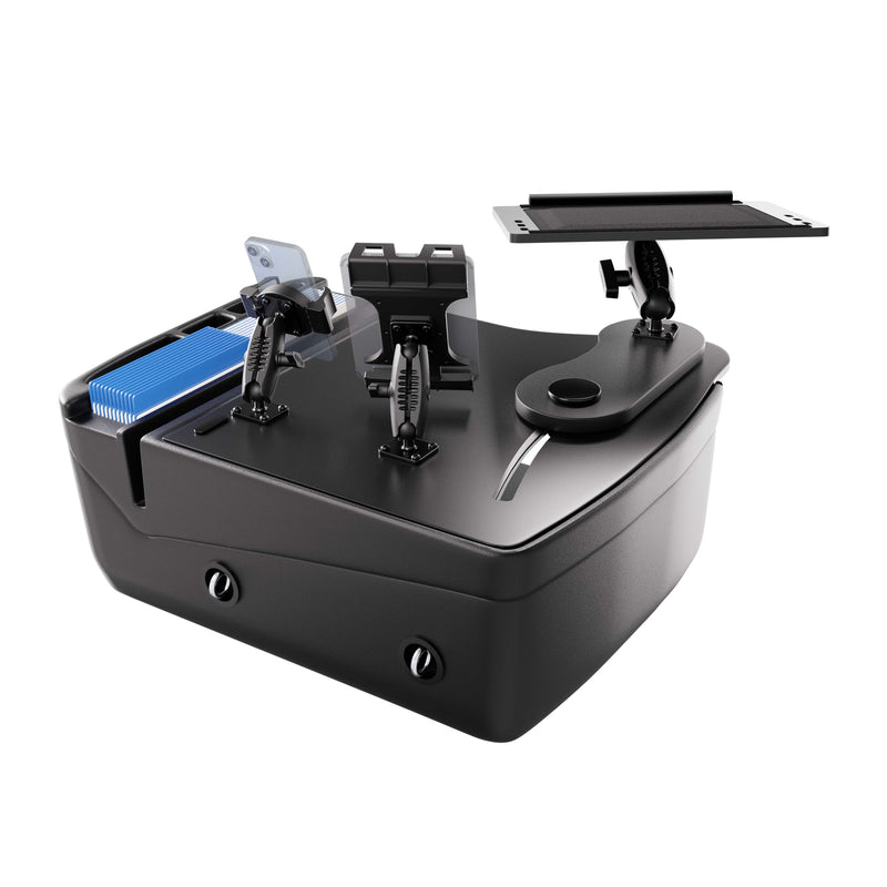 The AutoExec Reach Front Seat Car Desk with Slim-Grip® Ultra Pro and RoadVise® Ultra Pro Drill-Base Mount is a sleek black tabletop device featuring adjustable holders for cards, smartphones, and tablets, designed as a versatile mobile workstation or tablet holder ideal for gaming or professional use. Its curved design includes convenient slots and displays a blue stack of cards inserted.