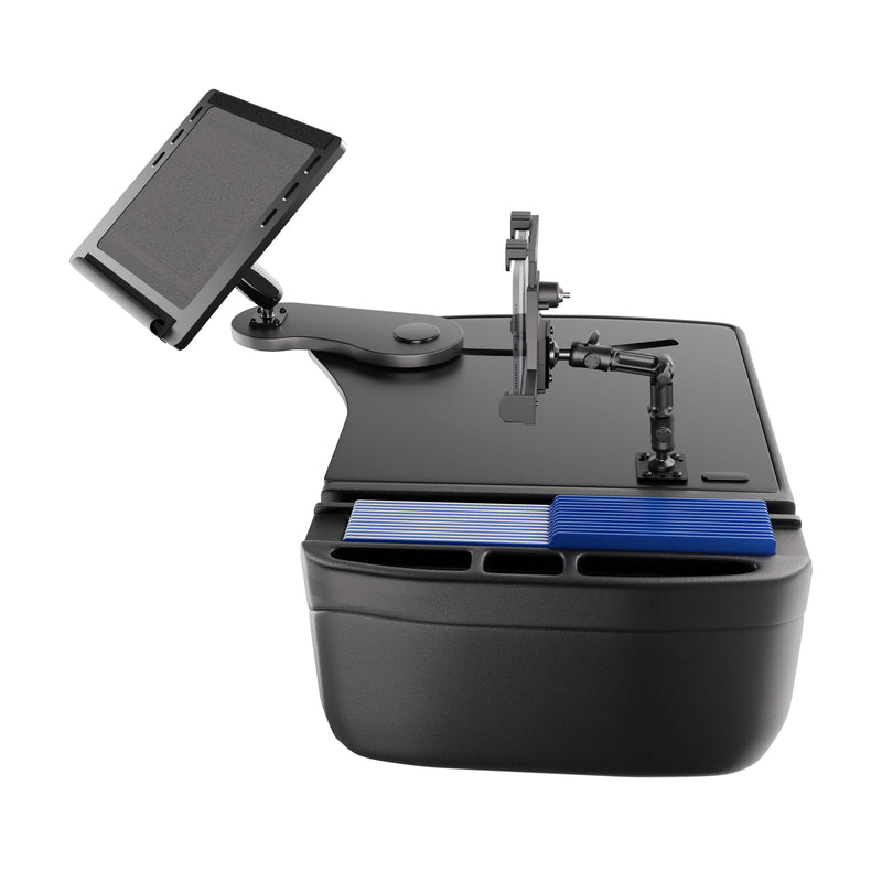The AutoExec Reach Front Seat Car Desk with LockVise™ Locking Tablet Multi-Angle Mount is a sleek black workstation featuring a modern touchscreen display, adjustable arms, card slots with blue cards, and multiple compartments—perfect for organizing items on the go.