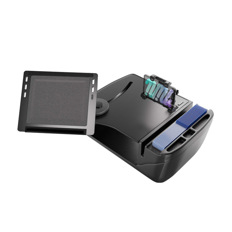 The AutoExec Reach Front Seat Car Desk with LockVise™ Locking Tablet Multi-Angle Mount serves as a versatile mobile workstation, featuring an angled armrest, organized compartments for supplies such as ink bottles and tattoo needles, as well as integrated ink holders—while its secure tablet mount allows convenient access to digital references, seamlessly combining modern convenience with professional functionality.