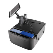 AutoExec Reach Front Seat Car Desk with LockVise™ Locking Tablet Multi-Angle Mount—featuring a black vehicle console organizer, adjustable locking tablet arm, open drawer for blue and white file folders, and secure side latch closures—an ideal mobile workstation for on-the-go professionals.