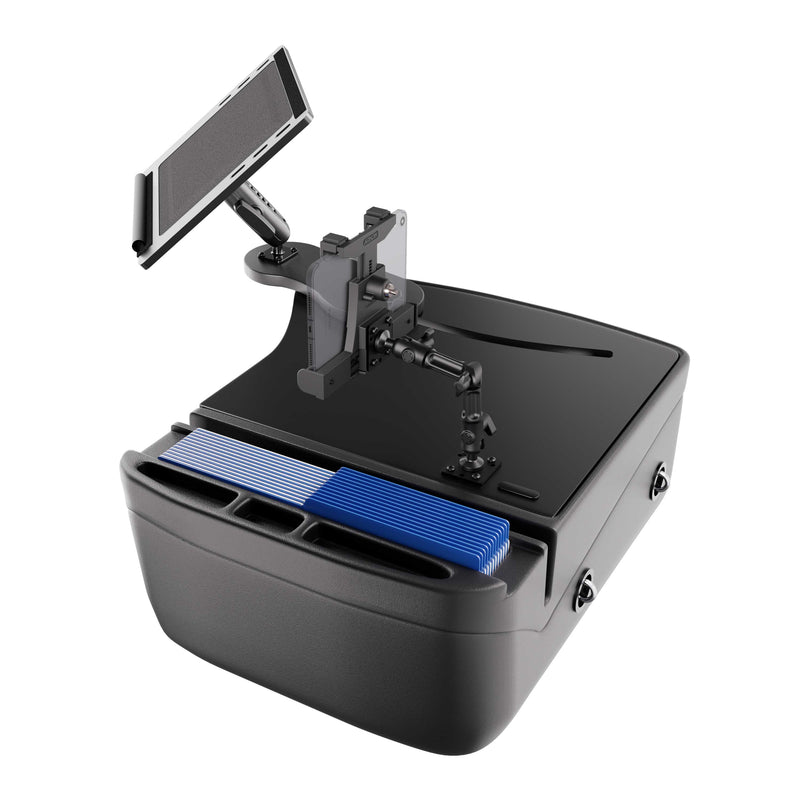 AutoExec Reach Front Seat Car Desk with LockVise™ Locking Tablet Multi-Angle Mount—featuring a black vehicle console organizer, adjustable locking tablet arm, open drawer for blue and white file folders, and secure side latch closures—an ideal mobile workstation for on-the-go professionals.