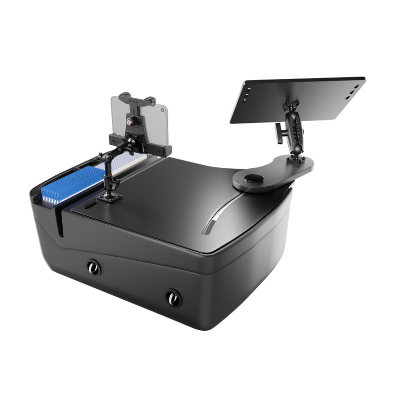The AutoExec Reach Front Seat Car Desk with LockVise™ Locking Tablet Multi-Angle Mount is a black, rectangular device featuring a card slot, phone holder, and a locking tablet stand with two dials on the front. Blue playing cards fit neatly in one tray, while your phone and tablet mount upright on top—making it perfect for use as a mobile workstation or car desk.