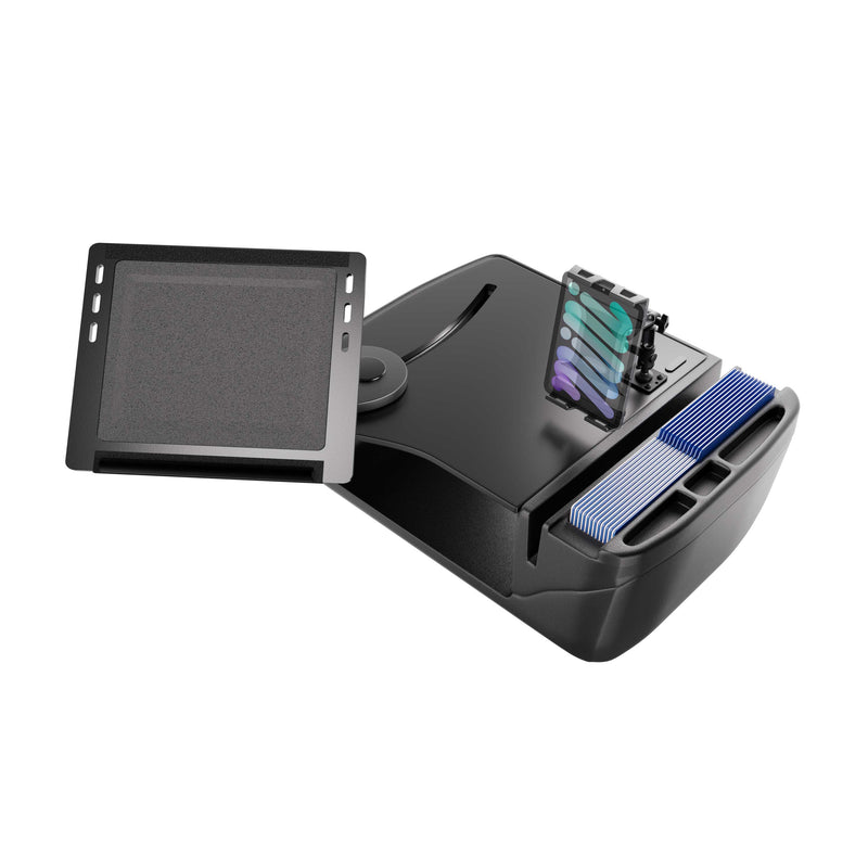 An AutoExec Reach Front Seat Car Desk by Arkon Mounts, featuring a Slim-Grip® Ultra Pro Multi-Angle Mount and neatly organized compartments, all set against a white background.