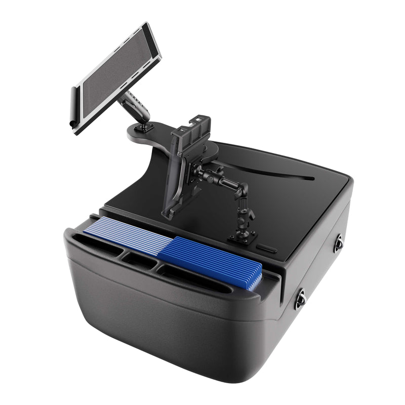 The Arkon Mounts AutoExec Reach Front Seat Car Desk with Slim-Grip® Ultra Pro Multi-Angle Mount is a black electronic workstation featuring a mounted adjustable arm that holds a screen, blue cards or dividers in the front compartment, and is displayed on a white background.