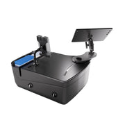 AutoExec Reach Front Seat Car Desk with Slim-Grip® Ultra Pro Multi-Angle Mount by Arkon Mounts—featuring a black electronic device with a blue component, a mounted screen, and an adjustable arm—serves as a versatile mobile workstation or tablet holder for presentations, control, or navigation, shown isolated on a white background.