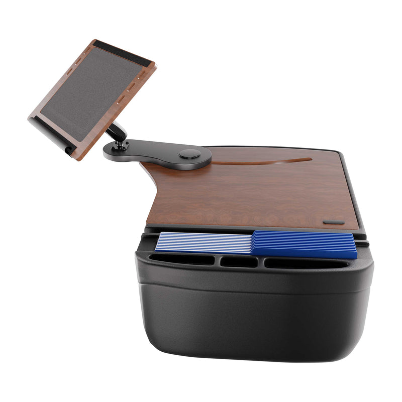 An angled view of the Arkon Mounts AutoExec Reach Front Seat Car Desk—a black and wood-grain organizer featuring a built-in adjustable tablet stand, pen slots, and compartments for cards or papers—ideal for creating a sleek workspace in your car or pairing with your existing AutoExec Reach Desk.