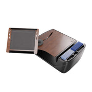 A card shuffler with a wooden finish, an extended tray for cards, and two slots holding decks of playing cards—perfect for adding style to your Arkon Mounts AutoExec Reach Front Seat Car Desk or car workspace. The tray is positioned partly above the shuffler.