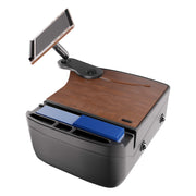 A modern desk organizer from Arkon Mounts, the AutoExec Reach Front Seat Car Desk features a stylish wood-grain surface, integrated tablet or phone holder, pen compartments, and blue file folders—expertly designed for organizing your workspace at home or for transforming your car into an efficient mobile office setup.