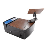 The Arkon Mounts AutoExec Reach Front Seat Car Desk features a modern, portable design with a wooden top, adjustable tablet holder, convenient storage slots for documents, and a sleek black base with rounded edges—ideal for creating a functional workspace in your car wherever you go.