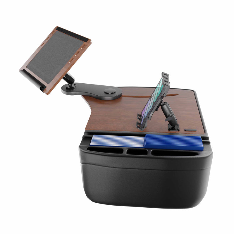 The AutoExec Reach Front Seat Car Desk with Slim-Grip® Ultra Pro Drill-Base Mount by Arkon Mounts features a sturdy surface, integrated tablet and phone mounts, as well as practical storage compartments—perfect for organizing your workspace on the go or transforming your vehicle into a mobile office.