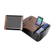 Introducing the AutoExec Reach Front Seat Car Desk with Slim-Grip® Ultra Pro Drill-Base Mount by Arkon Mounts—a portable car desk featuring a wood-style surface, adjustable tray, pen slots, a built-in phone holder with phone, and compartments for blue index cards—ideal for creating a mobile workspace wherever you go.