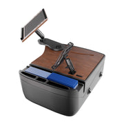The AutoExec Reach Front Seat Car Desk with Slim-Grip® Ultra Pro Drill-Base Mount by Arkon Mounts is a black and wood grain car organizer, compactly designed as a mobile desk for your vehicle. It features a swiveling tablet holder, integrated cup holders, and convenient blue file folders stored in the side compartment—perfect for creating an efficient workspace on the go.
