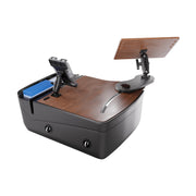 The AutoExec Reach Front Seat Car Desk with Slim-Grip® Ultra Pro Drill-Base Mount by Arkon Mounts provides a versatile mobile workspace—it features an adjustable tablet holder, laptop stands, a cup holder, storage compartment, and a sturdy black base equipped with two USB charging ports on the front for added convenience wherever you work.