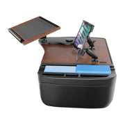 The AutoExec Reach Front Seat Car Desk with Slim-Grip® Ultra Pro and RoadVise® Ultra Pro Drill-Base Mount features a sleek, wood-look surface that doubles as a mobile workstation, complete with a built-in phone/tablet stand, folding tray, and compartments for organizing essentials.