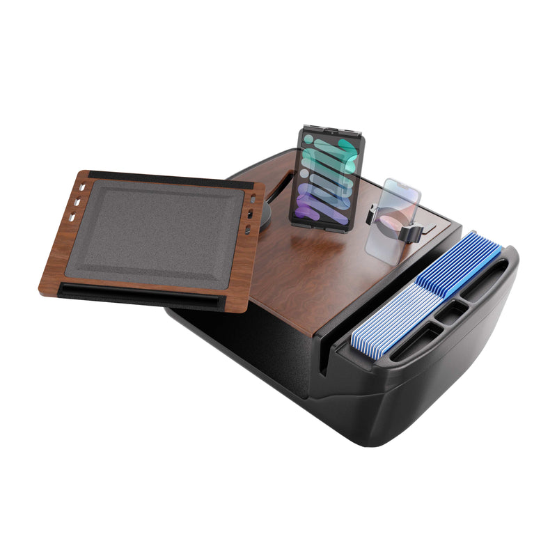 The AutoExec Reach Front Seat Car Desk with Slim-Grip® Ultra Pro and RoadVise® Ultra Pro Drill-Base Mount features a wood finish, slots for tablets and phones, a dedicated charging area, file folder section, and a slide-out tray—creating an efficient mobile workstation for organizing electronic devices and documents on the go.