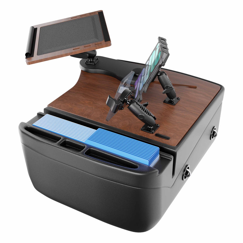 The AutoExec Reach Front Seat Car Desk with Slim-Grip® Ultra Pro and RoadVise® Ultra Pro Drill-Base Mount is a black and brown mobile workstation featuring a phone holder, an angled wooden tray, and multiple blue dividers for storing cards or papers—perfect for organizing your essentials whether you’re using it as a car desk or at home.