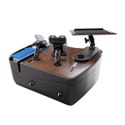 Introducing the AutoExec Reach Front Seat Car Desk with Slim-Grip® Ultra Pro and RoadVise® Ultra Pro Drill-Base Mount—a sleek black and wood-grain mobile workstation designed for gaming or work on the go. This versatile organizer features dedicated device mounts for your phone, a tablet holder, slots for cards, and a spacious flat platform to keep all your accessories within easy reach.
