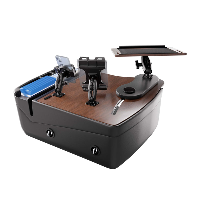 Introducing the AutoExec Reach Front Seat Car Desk with Slim-Grip® Ultra Pro and RoadVise® Ultra Pro Drill-Base Mount—a sleek black and wood-grain mobile workstation designed for gaming or work on the go. This versatile organizer features dedicated device mounts for your phone, a tablet holder, slots for cards, and a spacious flat platform to keep all your accessories within easy reach.