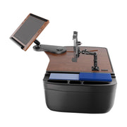 The AutoExec Reach Front Seat Car Desk with LockVise™ Locking Tablet Multi-Angle Mount is a sleek and modern mobile workstation featuring adjustable arms to securely hold both a tablet and a phone, thanks to its secure locking tablet mount. Multiple compartments offer ample storage, while blue file folders are neatly showcased in the front—making it an ideal solution for staying organized at home or on the go as a car desk.
