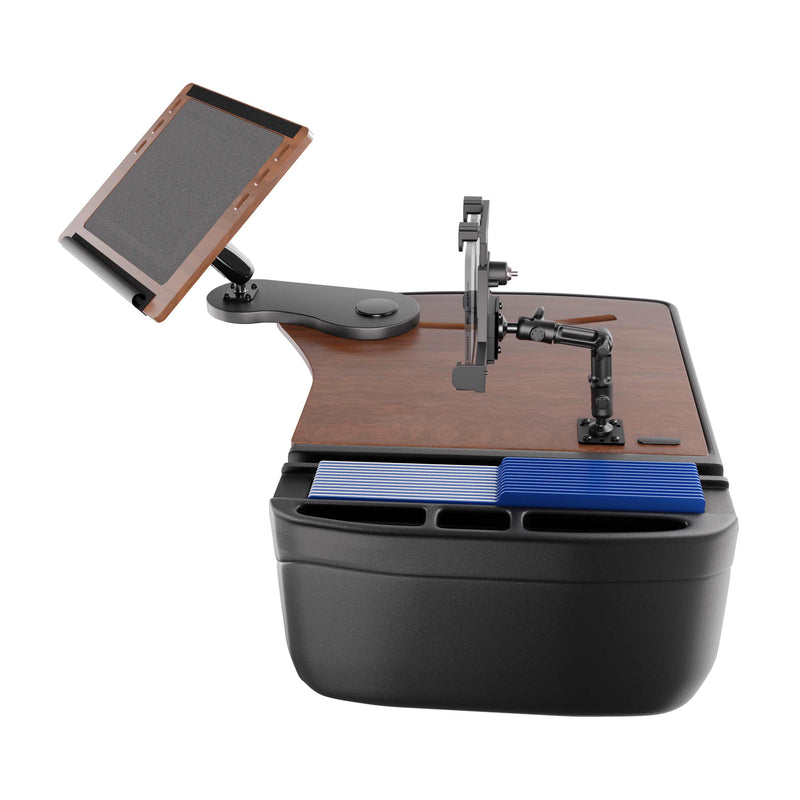 The AutoExec Reach Front Seat Car Desk with LockVise™ Locking Tablet Multi-Angle Mount is a sleek and modern mobile workstation featuring adjustable arms to securely hold both a tablet and a phone, thanks to its secure locking tablet mount. Multiple compartments offer ample storage, while blue file folders are neatly showcased in the front—making it an ideal solution for staying organized at home or on the go as a car desk.