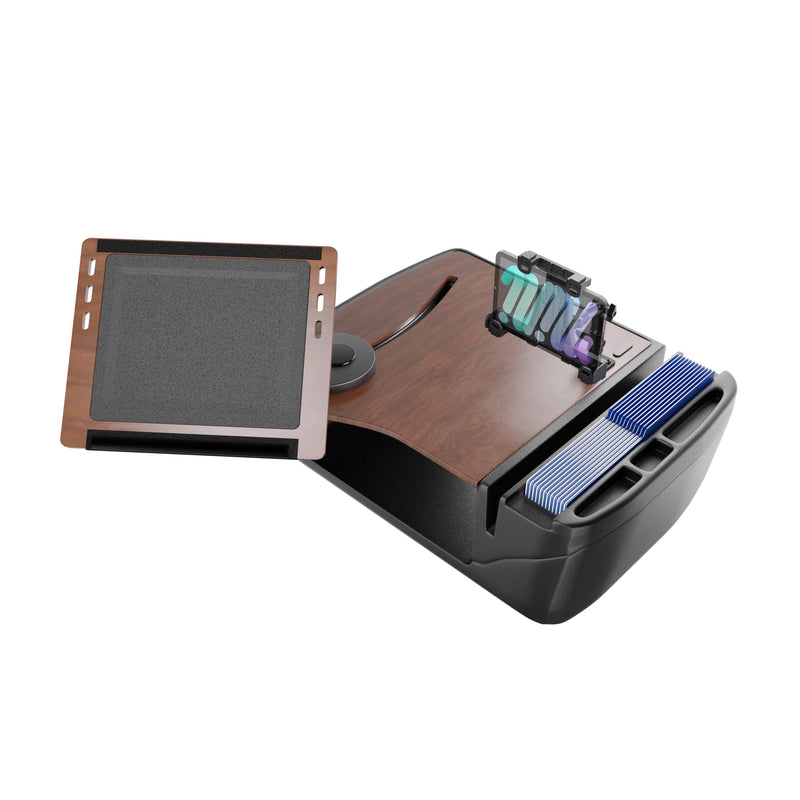 Transform your vehicle into a mobile workstation with the AutoExec Reach Front Seat Car Desk with LockVise™ Locking Tablet Multi-Angle Mount. Featuring a wood-look surface, detachable writing pad, slots for pens and folders, and a compartment for blue index cards, this car desk offers organized efficiency on the go. The included LockVise™ multi-angle mount provides secure and convenient tablet use while you work from your vehicle.