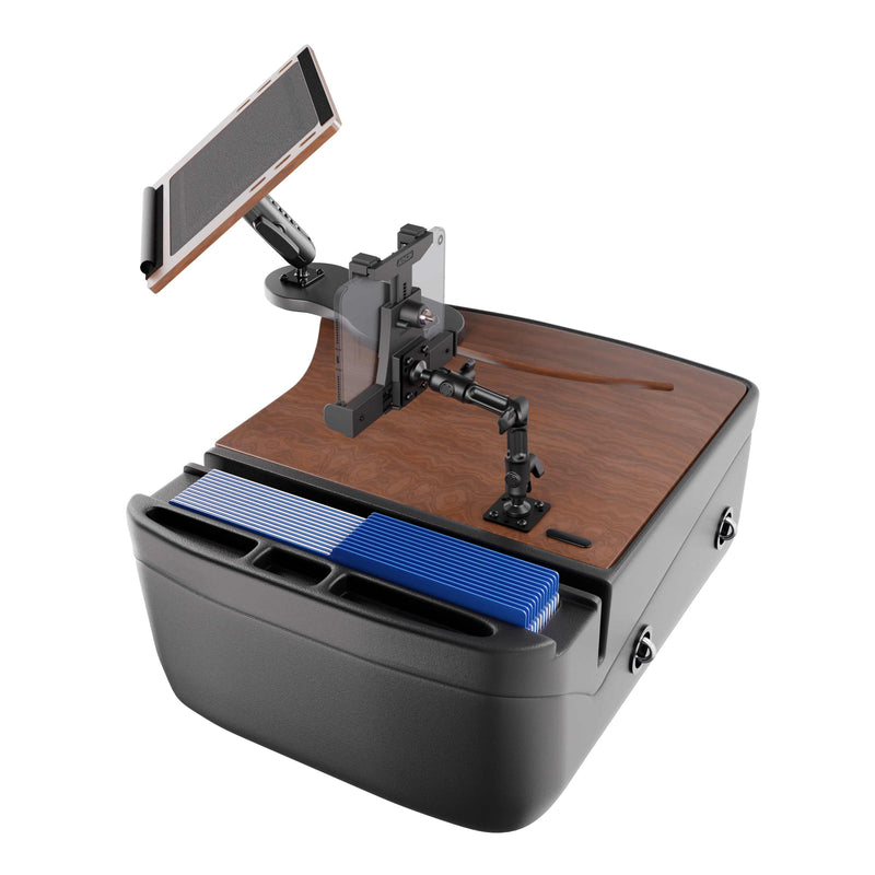 The AutoExec Reach Front Seat Car Desk with LockVise™ Locking Tablet Multi-Angle Mount features a wood finish surface, adjustable locking tablet mount, pen slots, and file dividers, and is designed to fit on a car seat for convenient use as a mobile workstation.