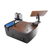 Introducing the AutoExec Reach Front Seat Car Desk with LockVise™ Locking Tablet Multi-Angle Mount—a versatile mobile workstation featuring a dark wood surface, adjustable smartphone holder, secure multi-angle tablet mount for optimal viewing, convenient storage slots, and a comfortable black cushioned base with built-in cup holders—perfect as a portable car desk for productivity on the go.