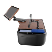 The AutoExec Reach Front Seat Car Desk with Slim-Grip® Ultra Pro Multi-Angle Mount by Arkon Mounts features an adjustable tablet holder and slots for securing blue cards, all integrated into a wooden desk organizer with compartments on a sturdy black base—ideal for creating a versatile mobile workstation or a compact desk in your car.