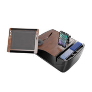 Introducing the AutoExec Reach Front Seat Car Desk by Arkon Mounts—this mobile workstation features a durable wooden tray, integrated ink holders, designated slots for tattoo needles, organized ink cap compartments, and a sleek black base. Versatile enough to function as a car desk or organizer, it even includes space for essentials and comes equipped with a Slim-Grip® Ultra Pro Multi-Angle Mount for your tablet or other accessories right within arm’s reach.