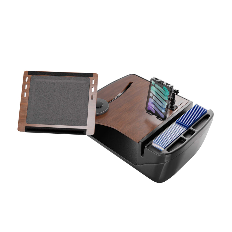 Introducing the AutoExec Reach Front Seat Car Desk by Arkon Mounts—this mobile workstation features a durable wooden tray, integrated ink holders, designated slots for tattoo needles, organized ink cap compartments, and a sleek black base. Versatile enough to function as a car desk or organizer, it even includes space for essentials and comes equipped with a Slim-Grip® Ultra Pro Multi-Angle Mount for your tablet or other accessories right within arm’s reach.