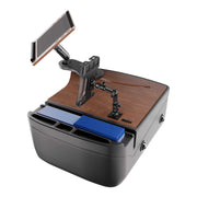 The AutoExec Reach Front Seat Car Desk with Slim-Grip® Ultra Pro Multi-Angle Mount by Arkon Mounts features a sleek black and wood-grain design and serves as a practical mobile workstation, offering a mounted tablet holder, file folders, and multiple storage compartments.