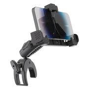 The SkyHold™ Yoke Locking Phone Mount securely holds your smartphone with cushioned grips and a sturdy clamp for handlebars, just like an aviation yoke clamp. The phone screen faces outward for convenient viewing.