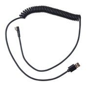 Black 90° USB-C to USB-A Coiled Cable – 7 ft featuring a coiled design and a 90° right-angle connector on one end.